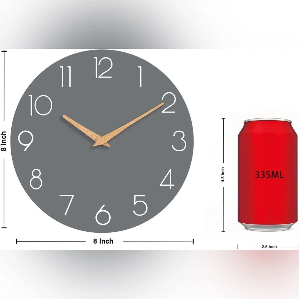 Modern Silent Non-Ticking 8 inch Wall Clock Wooden Handle Grey/White NWOT